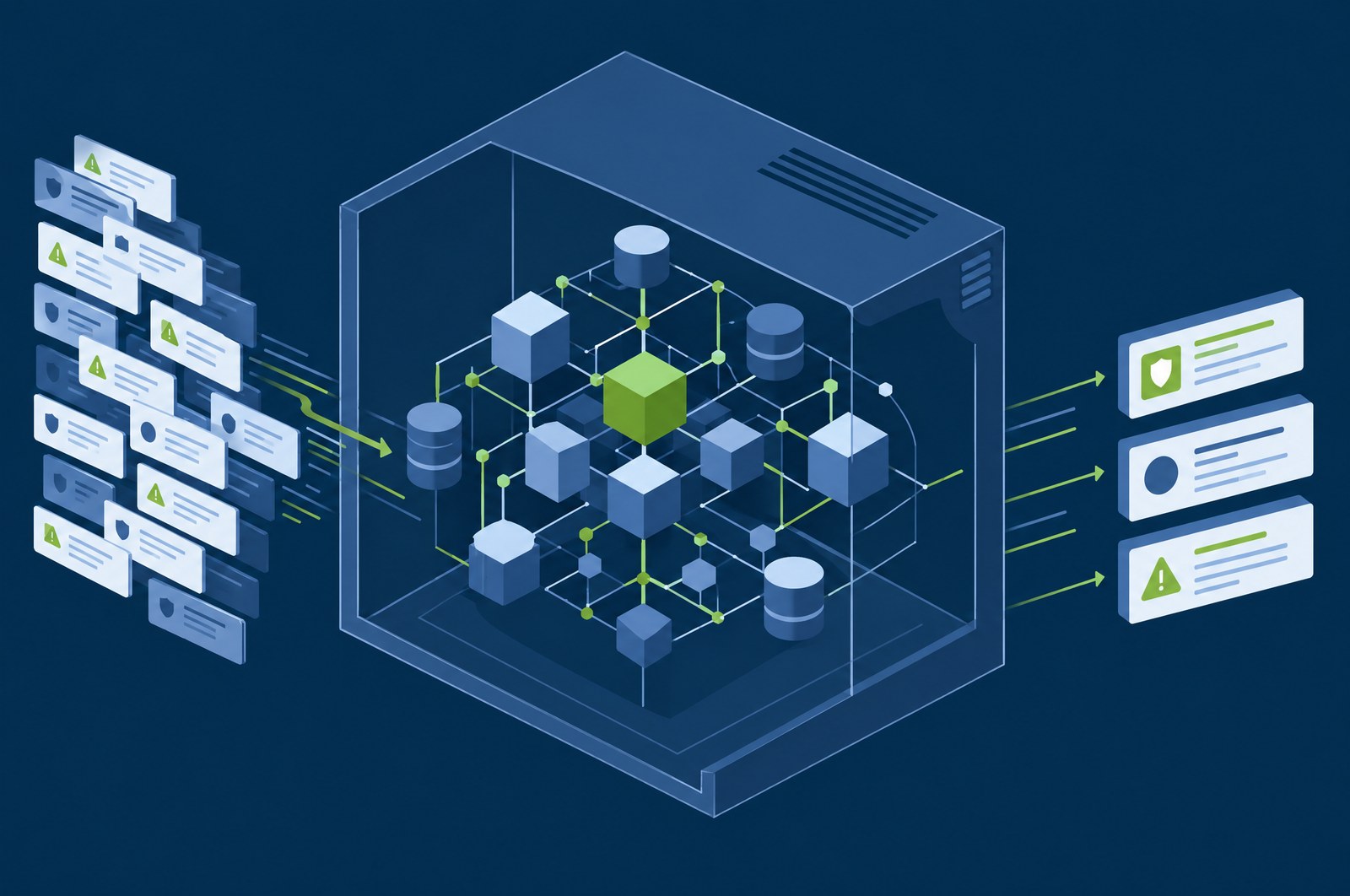 An on-premises AI service reading detections from the platform, retrieving context from a local knowledge base and returning plain-language explanations inside the customer's own perimeter