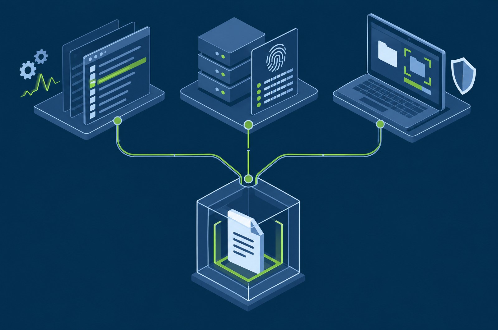Three detection paths converging on one finding: process and command-line pattern matching, file hash reputation, and on-agent file scanning