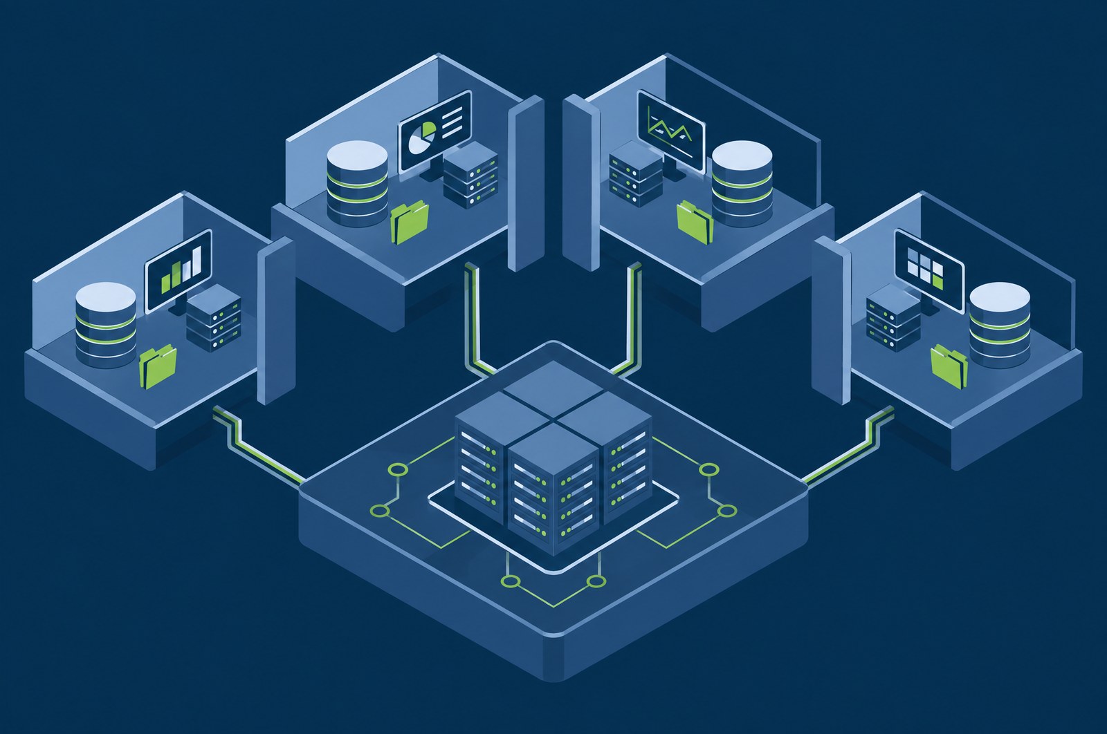 One platform deployment serving several isolated customer tenants, each separated at the data layer and presented through a re-brandable console