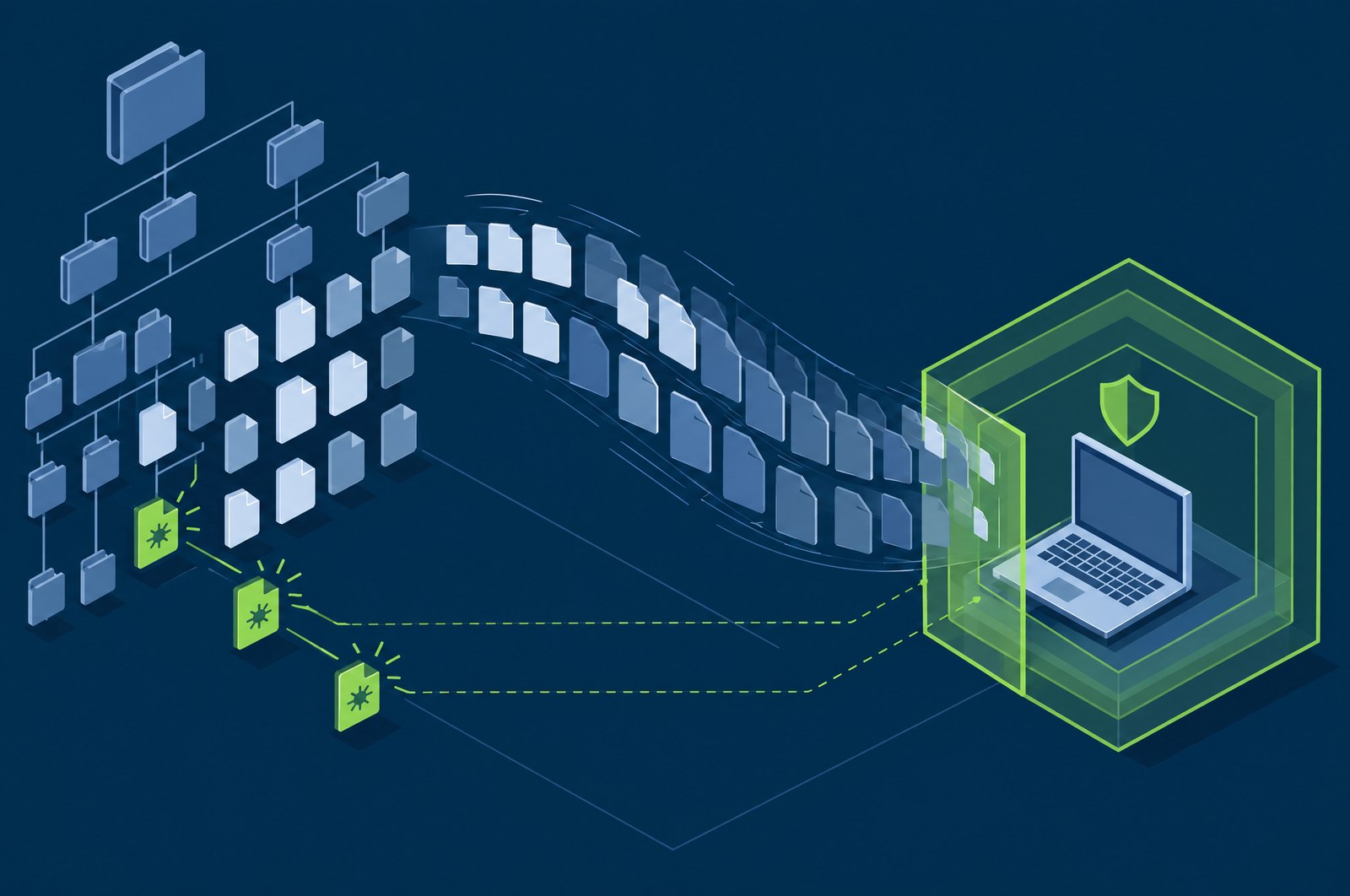 Behavioural ransomware signals — a touched canary file, mass file rewriting and shadow-copy deletion — converging into one incident that triggers host isolation