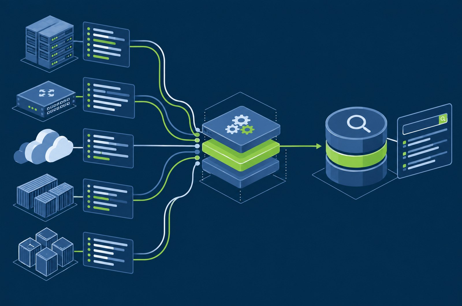 Telemetry from servers, network gear, cloud platforms, containers and workstations flowing through a decoding and normalisation layer into a self-hosted search index