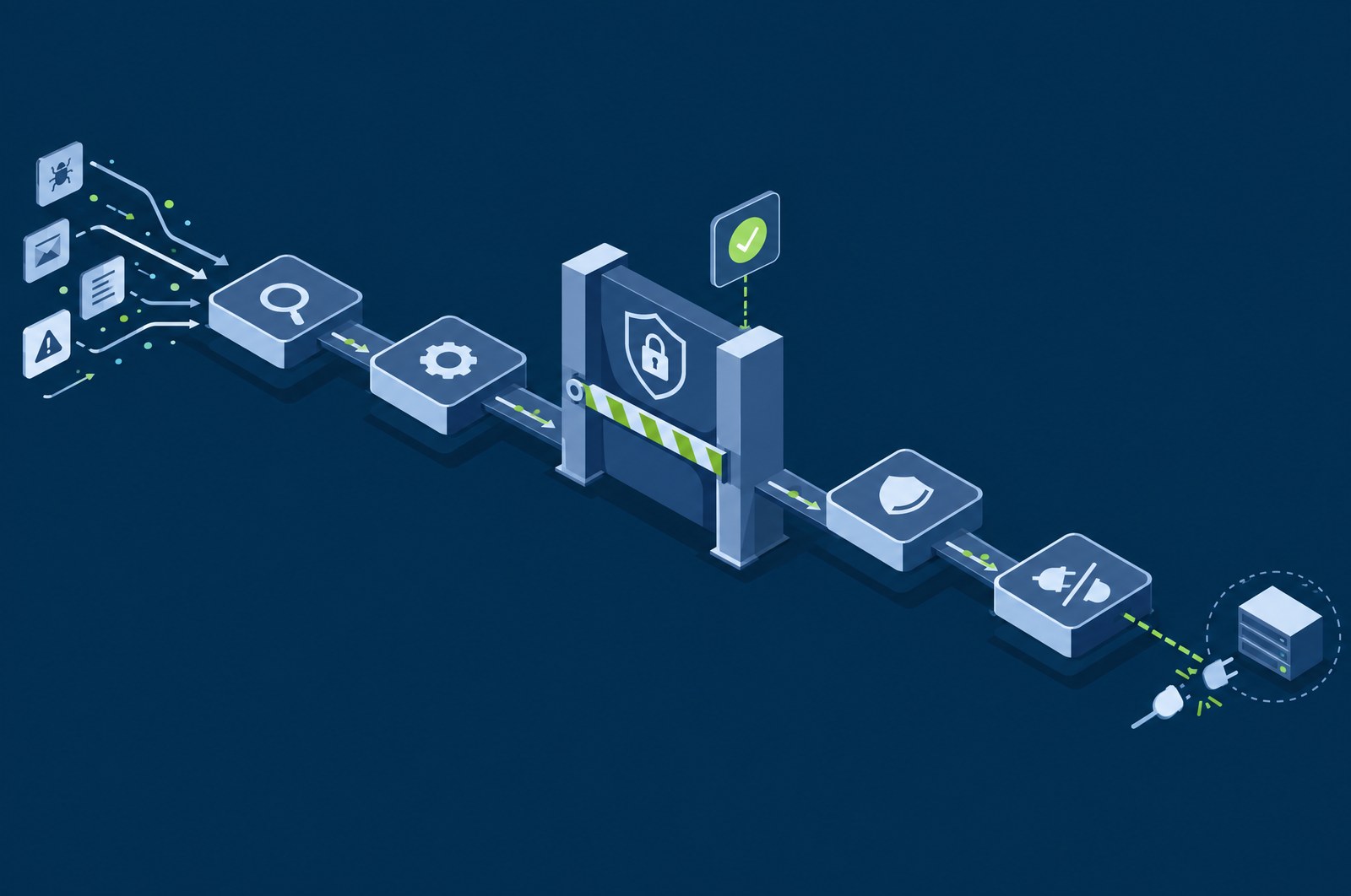 A correlated incident triggering a tiered response — process termination, host isolation and address blocking — passing through an approval gate