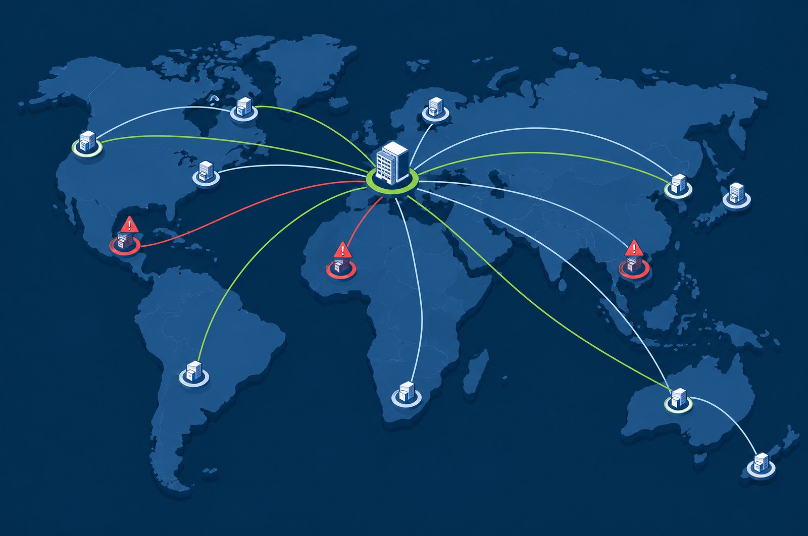 A world map showing the genuine external network peers of internal endpoints, with known-bad destinations highlighted and indicator context attached to an alert